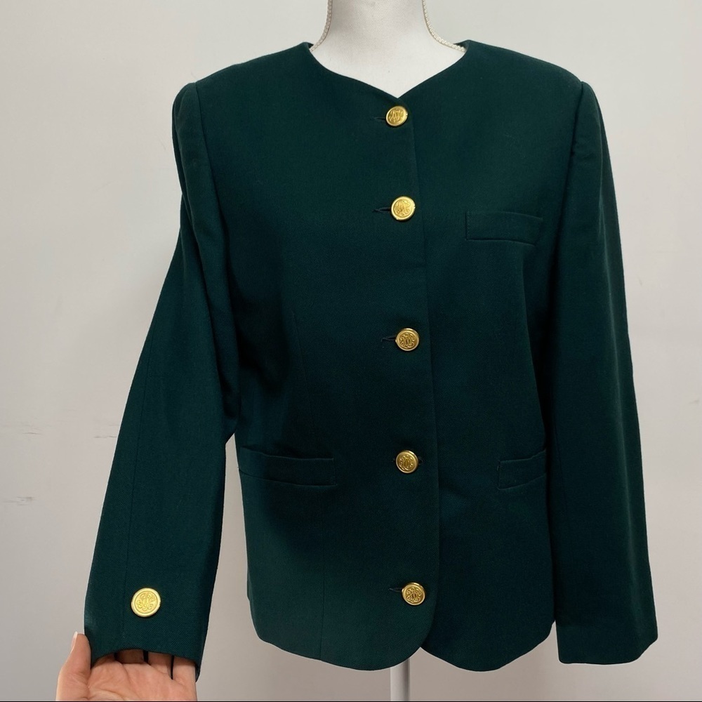 Jos. A. Bank Forest Green Collarless Gold Logo Button 100% Wool Blazer Size 10